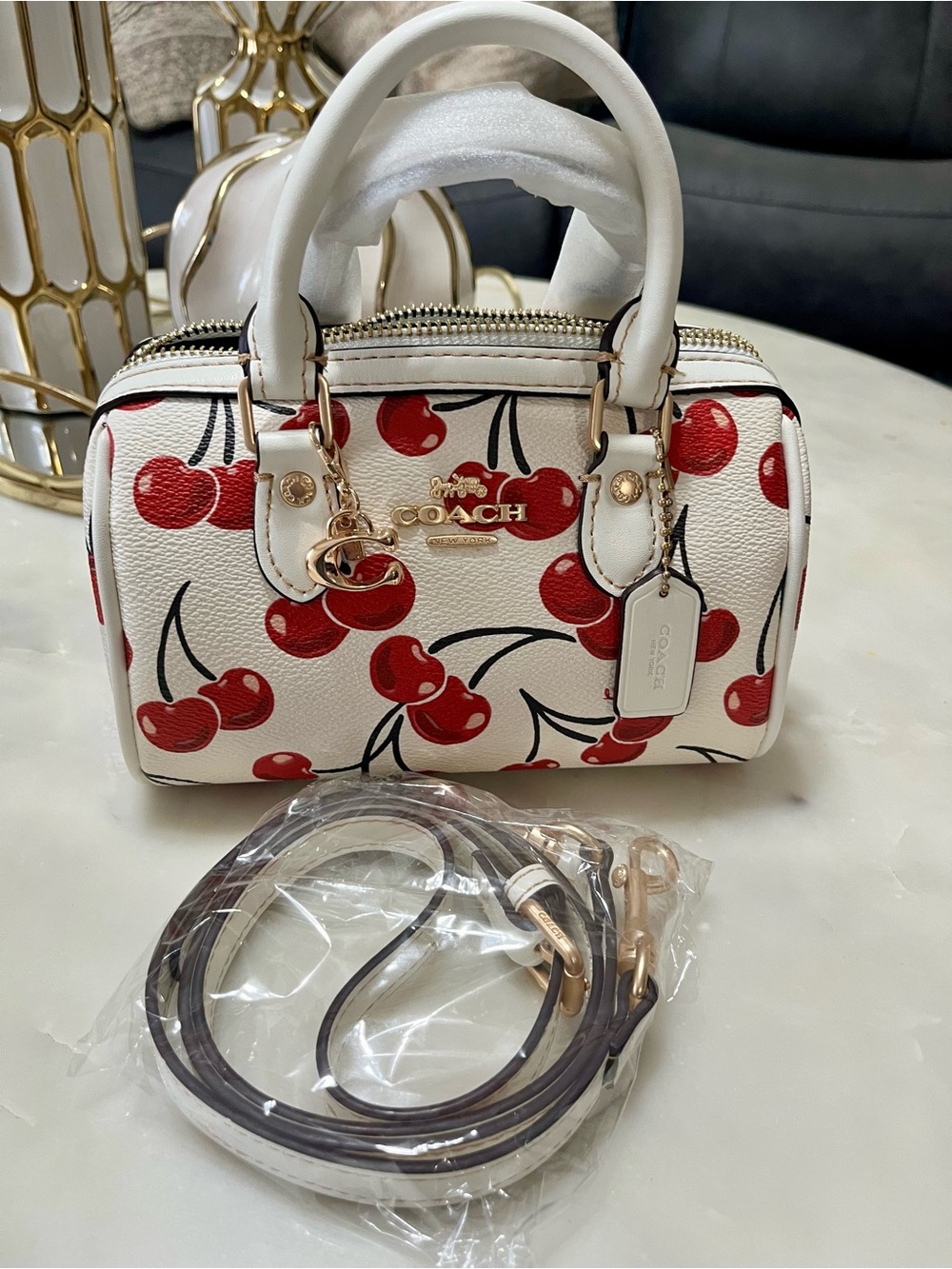 COACH Cherry Print Mini Satchel Bag in White